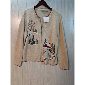 Croft & Barrow Women Sweater Full Zip Large Beige Graphic Snowman Tree NWT